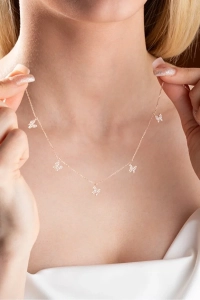 925 Ayar Gümüş Rose Zirkon Taşlı Şans Kelebek Kolye